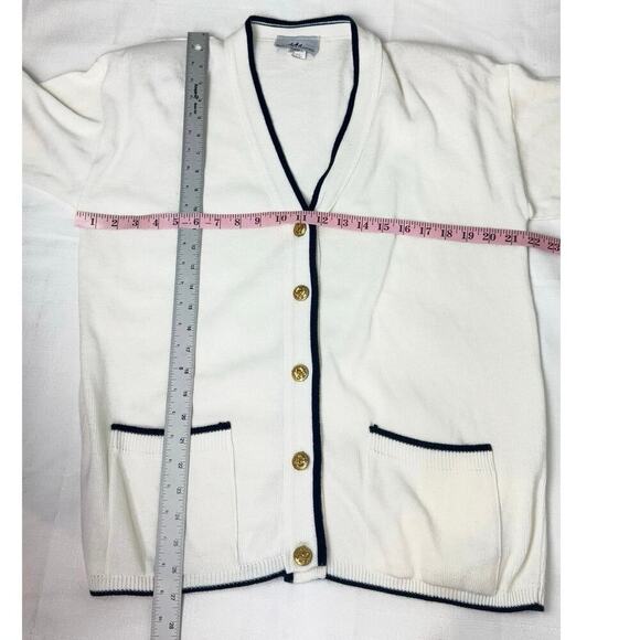 Vintage Varsity Cardigan In White Navy Stripes Size Large Preppy Office Siren - Picture 7 of 7
